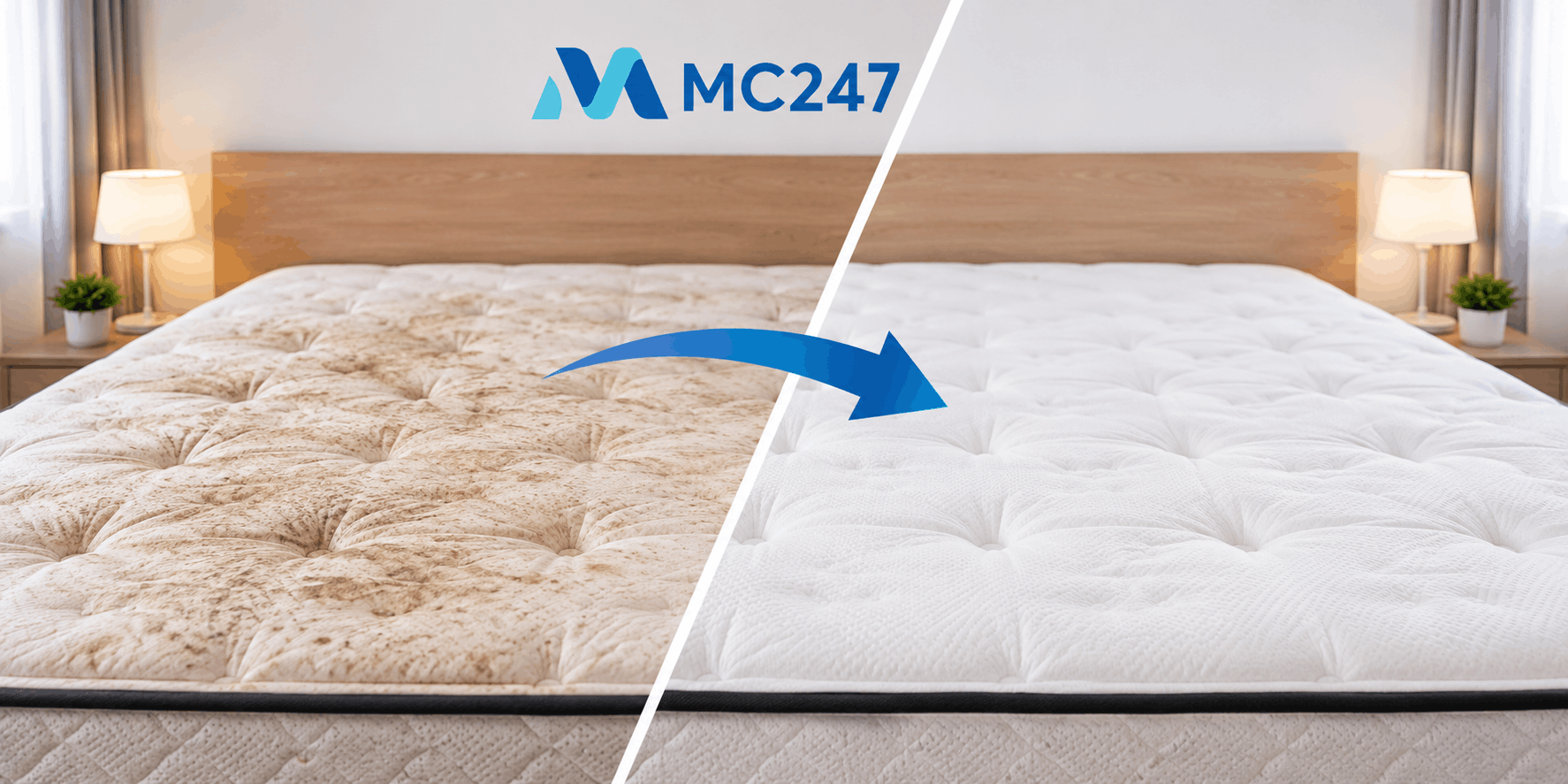 Hình ảnh giặt nệm trước và sau của MC247 sạch sâu và chuyên nghiệp